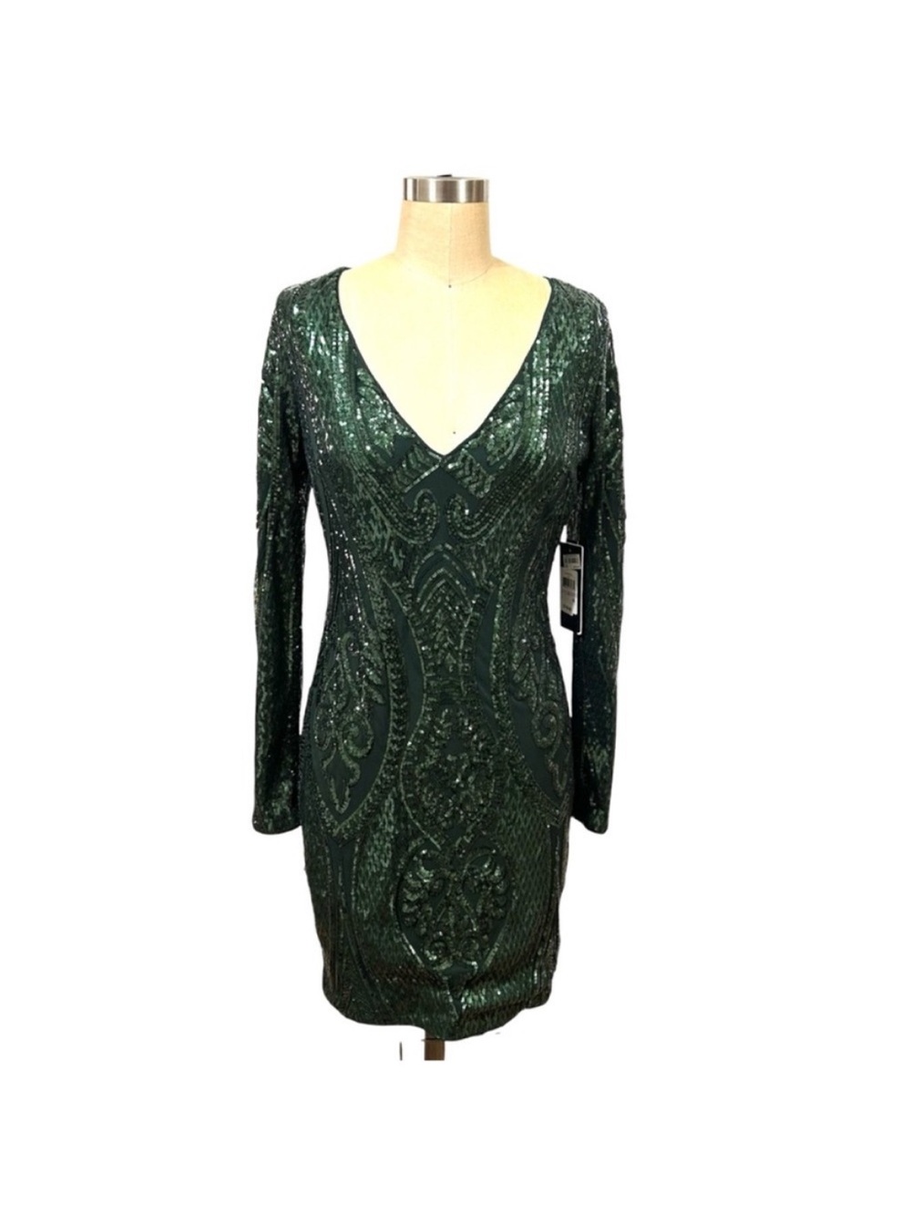 NWT GUESS by MARCIANO Emerald Green ELEGANT Sequin V-Neck long sleeve Dress 6